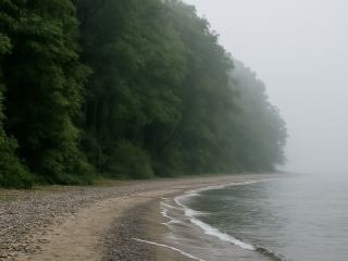 Dense coastal forest meeting a grey sea