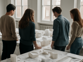 Students working on architectural models and drawings in a workshop